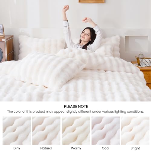 Fluffy White Duvet Cover Twin Set, Soft Shaggy Plush Rabbit Bedding Set 2 Pieces (1 Fuzzy Comforter Cover + 1 Faux Fur Pillow Cases) Zipper Closure（White, Twin） - color: White, size: Twin
