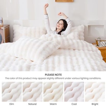 Fluffy White Duvet Cover Twin Set, Soft Shaggy Plush Rabbit Bedding Set 2 Pieces (1 Fuzzy Comforter Cover + 1 Faux Fur Pillow Cases) Zipper Closure（White, Twin） - color: White, size: Twin