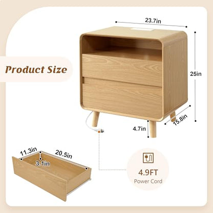 Nasonet Modern Nightstands Set of 2 with Charging Station, Wood End Table Bedroom Nightstands with Drawers, Wide Curved Bedside Table Set 2 for Bedroom, Living Room, Oak - color: Oak, size: 2 Drawers