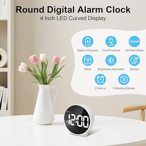 Lafocuse LED White Digital Alarm Clock Battery Operated, Modern Round Digital Clock with 2 Alarms, Snooze, Adjustable Brightness, Curved Screen Design Bedside Alarm Clock for Bedroom Office - color: White