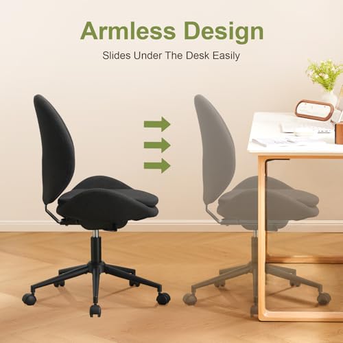 Armless Office Chair with Wheels, Luxury Chenille Swivel Desk Chair with Ergonomic Curved Teardrop Back, Double-Layer Seat, Adjustable Modern Vanity Chair for Makeup, Home Office, Black - color: Black, size: Teardrop Back