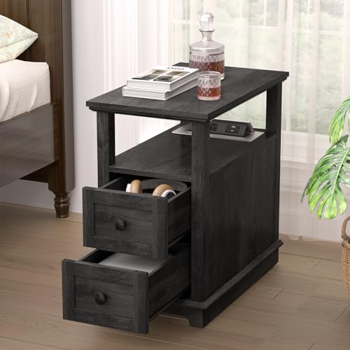 HIFYOBRO Narrow End Table with Flip Top Charging Station Set of 2 | Side Table with 2 Drawers, Type-C & USB Port & Power outlets, Wooden Storage Cabinet for Living Room and Bedroom - color: Blackgrey, size: 1 Set