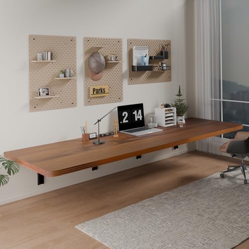 IAE Floating Wall Mounted Folding Table Desk with Pine Wood,72x22in, Teak | Foldable Workbench,Fold Down Wall Mounted Foldable Desk with Shelf Brackets,Laundry Folding Table for Home,Dining,Kitchen - color: Teak, size: 72*22*10 Inch
