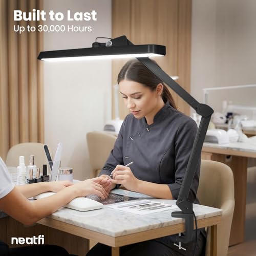 Neatfi XL 2,500 Lumens 30W LED Task Lamp for Manicure Table, Crafts, Workbench, Office – 22” Wide Shade Desk Light | Eye-Caring 6500K | 4-Level Brightness (Black, Non-CCT with Clamp) - color: Black