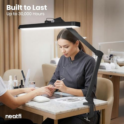 Neatfi XL 2,500 Lumens 30W LED Task Lamp for Manicure Table, Crafts, Workbench, Office – 22” Wide Shade Desk Light | Eye-Caring 6500K | 4-Level Brightness (Black, Non-CCT with Clamp) - color: Black