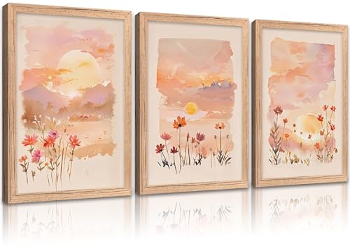 3 Pieces Watercolor Sunset Canvas Wall Art Blush Pink Wildflowers Painting Picture Wall Decor Boho Nature Poster Print Artwork for Living Room Bedroom Bathroom Home Decoration Framed - color: Floral-1, size: 16"L x 12"W