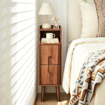 FurSch Narrow Nightstand, Wooden 2 Drawer, Walnut, 1 pc - color: Walnut 3-1 Pc