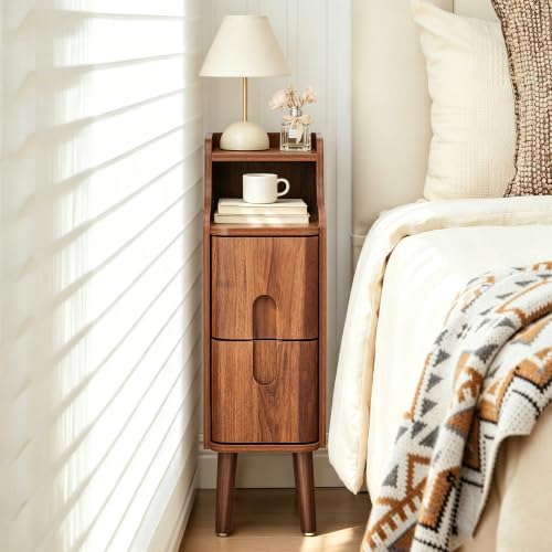 FurSch Narrow Nightstand, Wooden 2 Drawer, Walnut, 1 pc - color: Walnut 3-1 Pc