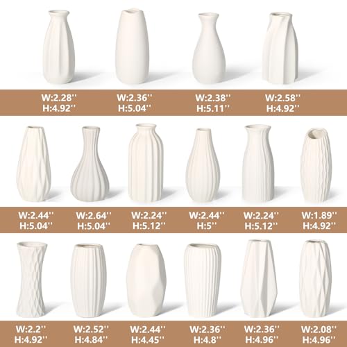 BEAHOT Ceramic Bud Vases Set of 16 - Matte White Mini Ceramic Bud Vases Collection: Non-Repeating Modern Boho Centerpiece - Small Unglazed Jars for for Weddings, Home, Shelf Decor - size: 16pack Unglazed White