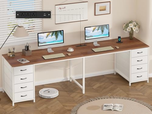 95" 2 Person Desk with 8 Fabric Drawers for Home Office, Living Room | Long Computer Desk Office Desks with Storage, Two Person Double Desks with Power Outlets, Brown and White - color: Brown and White, size: 18.9"D x 94.5"W x 29.3"H