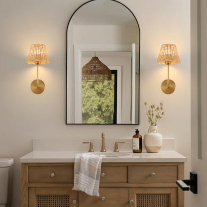 Battery Operated Wall Sconces Set of 2, Rattan Shade, Gold, 18.5in | Wireless, RGB Rechargeable Dimmable, Boho Style, For Bedroom, Living Room, Hallway, Bulbs Included - color: Gold 18.5in