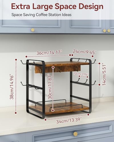 IBUYKE Kitchen Mug Cup Holder,2 Tier Coffee Bar Organizer,Brown TBJ006H | Coffee Bar Station Countertop Organizer Coffee Mug Stand with 18 Hooks,Multifunctional Mug Tree for Home Kitchen Office - color: Rustic Brown