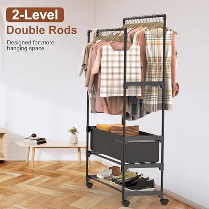 Double Rods Clothes Rack, Heavy Duty Metal Garment Rack Metal Clothing Racks with Shelves Lockable Wheels Portable Storage Bag Height Adjustable for Bedroom Laundry Living Room - size: 30.31"D x 13.58"W x 57.09"H