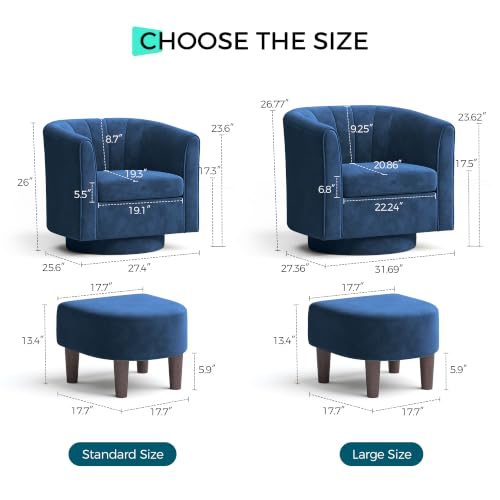LINSY Large Swivel Accent Chair with Ottoman, Velvet Barrel Chair with Footrest, Modern Upholstered Comfy Reading Chair Armchair for Living Room, Bedroom, Study Room, Office, Blue - color: Blue, size: Large