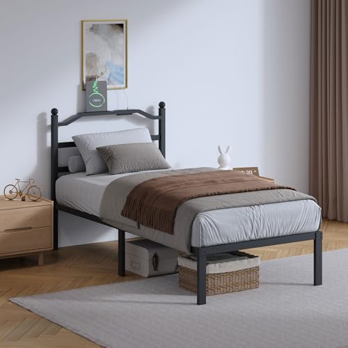 SHOANED Metal Bed Frame with Headboard - 14 Inch Twin XL Size Heavy Duty Bedframe with Charging Station Black Basic Steel Slats Platform No Box Spring Needed/Noise Free - size: Twin XL, style: 14 Inch with Charging Station