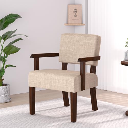 Accent Chair, Armchair with Solid Wood Frame and Legs, Beige | Upholstered Living Room Chair, Comfy Reading Chair for Bedroom, Waiting Room, Home Office, Easy Assembly - color: Linen Beige, size: One Chair