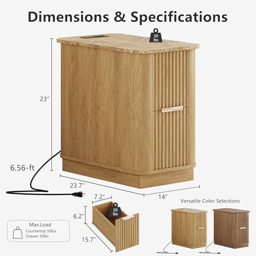win2win Narrow End Table with Charging Station, Fluted Drawers, Oak | Tall Small Side Table with Storage , Boho Nightstand with Faux Marble Top , Wood Beside Table for Living Room , Bedroom - color: Oak