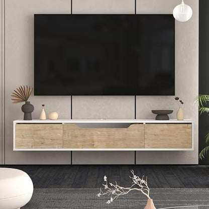 Atelier Mobili Floating TV Stand for Up to 80 Inch TVs – Wall Mounted Media Console with Handle-Free Doors – Modern Entertainment Center with Hidden Storage – White and Oak Finishes (White/Oak) - color: White / Oak