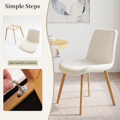 HIPIHOM Dining Chairs Set of 4, Mid-Century Modern Fabric Kitchen Chairs | Curved Backrest for Comfort, High-Density Sponge Padded Seat, Heat and Stain Resistant Surface, Sturdy Wood-Grain Metal Legs - color: Beige Chairs Set of 4