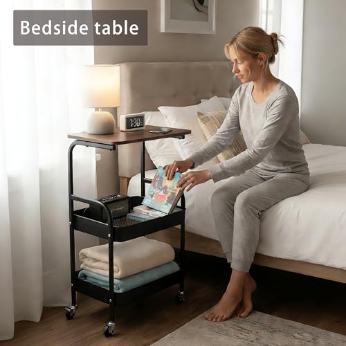 3-Tier Metal Rolling Utility Cart with Walnut-Textured Top on Wheels Craft Cart and Side Table for Bedside, Kitchen, Office, Bathroom & Craft Room