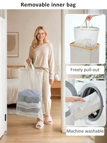 IEGrow Laundry Hamper with Lid,110L Laundry Basket with Mesh Bag,Light Grey | Dirty Clothes Hamper Basket with Bamboo Handle for Clothes Towels - color: Light Grey, size: 110L