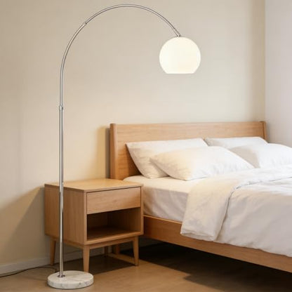 Modern White Arc Floor Lamp for Living Room,77 in Tall | Milk Glass Lampshade,Marble Base,Soft Diffused Glow,Extendable Chrome Arm,Ideal for Couch and Bedroom,Adjustable Height - color: White-Glass