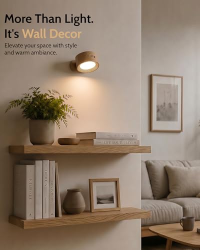LED Wall Mounted Lights, Rechargeable Wall Sconces, 3 Color Temps, Remote & Touch, 360° Rotating and Dimmable for Bedroom, Bedside & Reading (Wood, 2 Pack) - color: Wood