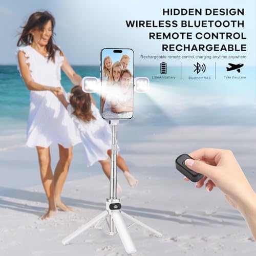 Mini Phone Tripod Stand,MQOUNY 38" Phone Tripod &Selfie Stick with Wireless Rechargeable Remote & Removable Light, Extendable Tripod Stand 360 Rotation Compatible with Phone&Android Samsung (White) - color: White