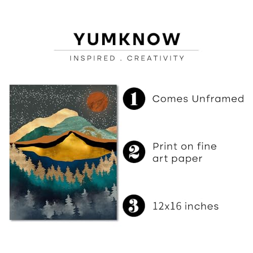 YUMKNOW Boho Mountain Wall Decor - Unframed 12x16, Mid Century Modern Nature Wall Art for Living Room, Dark Bathroom Apartment, Bedroom Pictures, Abstract Office Gifts, Posters for Room Aesthetic - size: 12"L x 16"W