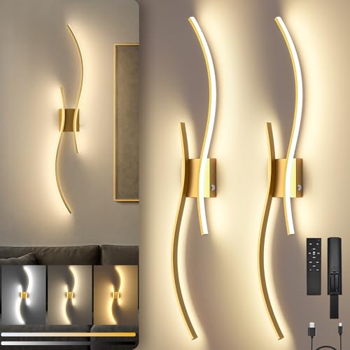 10000mAh Battery Operated Wall Sconces Set of 2, Gold, 31.5 Inch, 3CCT | Renter Friendly, Rechargeable Modern Wall Lights, Remote Control, Dimmable, LED Cordless Lights for Living Room, Bedroom - color: Gold, size: 31.5in