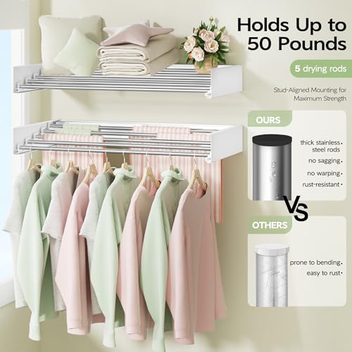 Vikaqi Wall Mounted Clothes Drying Rack 32", Foldable Wall Laundry Rack | Collapsible Drying Rack Clothing Folding Indoor, Hidden Space Saver with Wall Template, 5 Rods, White - color: White, size: 32" Wide