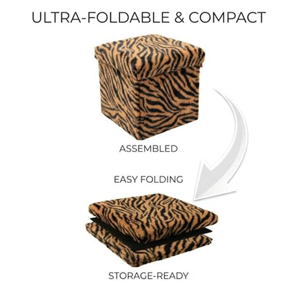 Luxe Faux Fur Storage Ottoman, Tiger Tan/White, 12 x 12 x 12 in | Engineered Wood, Tool-Free Assembly, Modern Style, Seat And Footrest - color: Tiger Tan/White, size: 12"D x 12"W x 12"H