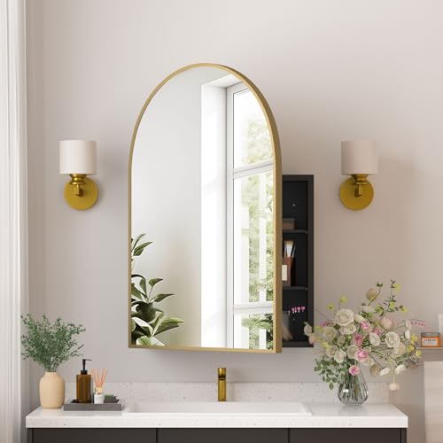 Medicine Cabinets for Bathroom, Gold Arched Medicine Cabinet Recessed or Surface Wall-Mounted,Modern Bathroom Vanity Mirror with Storage, Mirrored Cabinet with Adjustable Shelves,20x30 Inch - color: Gold, size: 20*30inch