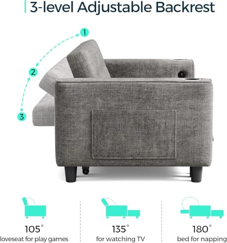 LINSY 54" Pull Out Couch with Charging Station, Small Sleeper Sofa Bed with Cup Holder, 3 in 1 Convertible Loveseat Sleeper Couch for Apartment, Dorm Room, Bedroom and Small Space（Grey） - color: Grey
