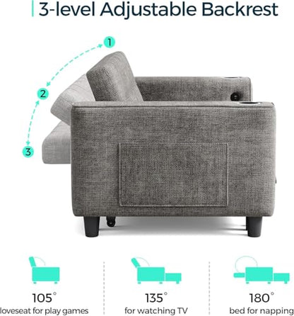 LINSY 54" Pull Out Couch with Charging Station, Small Sleeper Sofa Bed with Cup Holder, 3 in 1 Convertible Loveseat Sleeper Couch for Apartment, Dorm Room, Bedroom and Small Space（Grey） - color: Grey