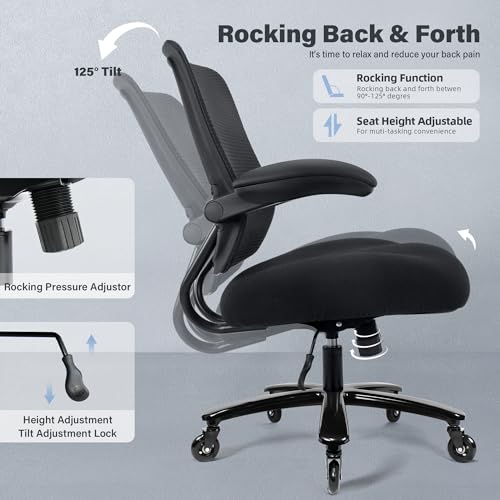 Kassipo Big and Tall Office Chair with Flip-Up Armrests, Black | 500LBS Capacity, Spring-Reinforced Memory Foam Seat & Heavy-Duty Base - color: Black