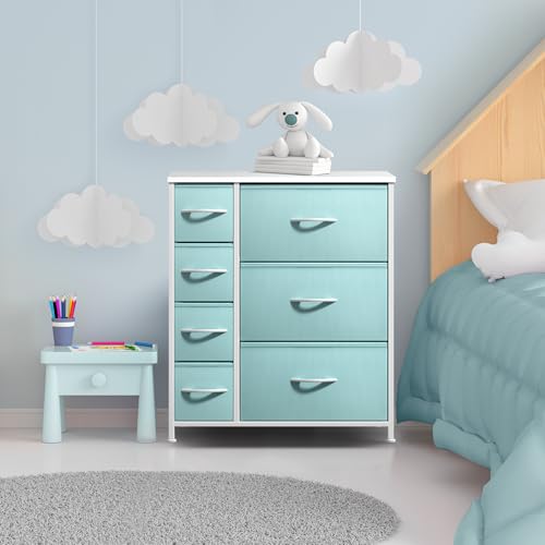 Sorbus Dresser with 7 Drawers - Furniture Storage Chest for Kid’s, Teens, Bedroom, Nursery, Playroom, Clothes, Toys - Steel Frame, Wood Top, Tie-dye Fabric Bins (7-Drawer, Pastel Aqua) - color: Pastel Aqua
