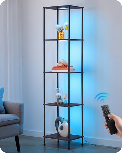EDISHINE RGBW Floor Lamp with 5-Tier Display Shelf, 3 Modes Remote, Black | RGBW, Adjustable Brightness & Color Temperature, 3 Lighting Modes, Stable for Living Room, Bedroom, Study - color: Black