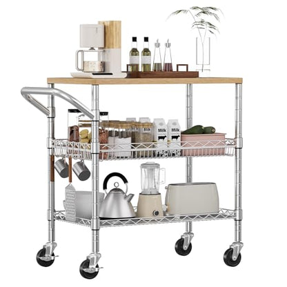 3 Tier Rolling Kitchen Carts with Wheels, Heavy Duty Rolling Utility Cart with Wood Tabletop, Commercial Grade Metal Cart with Handle and Hooks, NSF Storage Serving Island Carts, Light Wood+Metal - color: Light Wood+metal-3 Tier