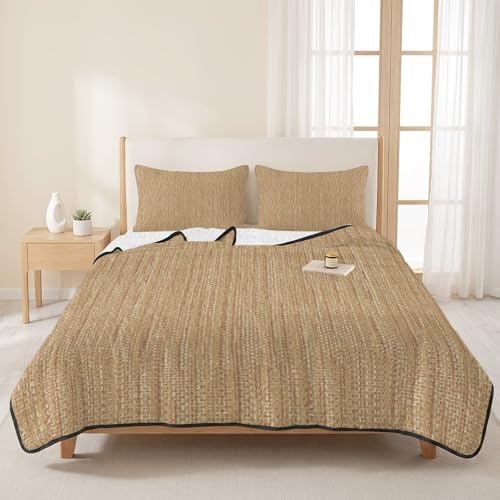 Twin Quilt Bedding Set, Minimalist Light Brown Soft Microfiber Summer Bedspread Coverlet with 2 Pillow Shams for All Season, Crosshatch Linen Textured Breathable Bedding Set for Hot Sleepers - size: Twin