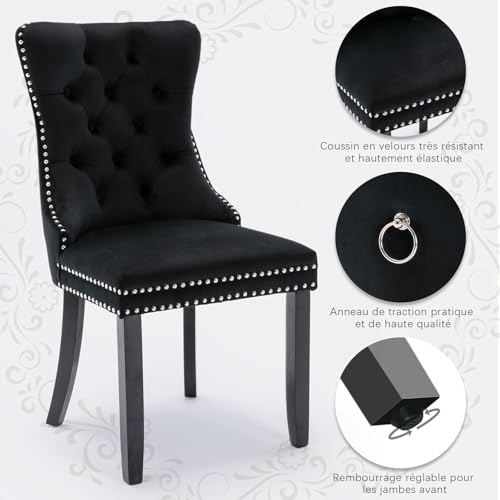Velvet Upholstered Dining Chairs Set of 8, Modern Style Kitchen Side Chairs with Nailhead Trim and Wood Legs,Metal Pulling Ring for Dining Room Living Room(Black) - color: Black, size: Set of 8