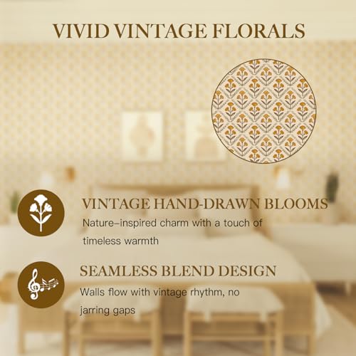 17.3''x78.7'' Peel and Stick Wallpaper Floral Cute Contact Paper Vintage Village Country Cottage Wallpaper Farmhouse Yellow Beige Renter Friendly Geometry Waterproof Embossed Kitchen Bedroom - color: Orange, size: 17.3" x 78.7"