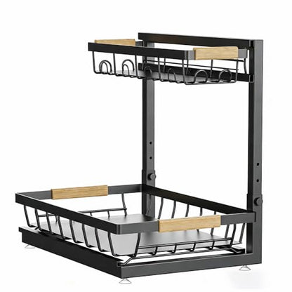2-Tier Multi-Purpose Bathroom Under Sink Organizers and Storage, Black Adjustable Rack with Wooden Handles for Stackable Kitchen Pantry Organization