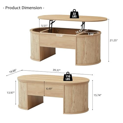 QHITTY Fluted Coffee Table with Lifting Top, Oval Wood Lift Top Coffee Table with Hidden Compartment, Mid Century Pull up Center Tables for Living Room, Office - Natural - color: Round Table-natural