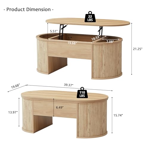 QHITTY Fluted Coffee Table with Lifting Top, Oval Wood Lift Top Coffee Table with Hidden Compartment, Mid Century Pull up Center Tables for Living Room, Office - Natural - color: Round Table-natural