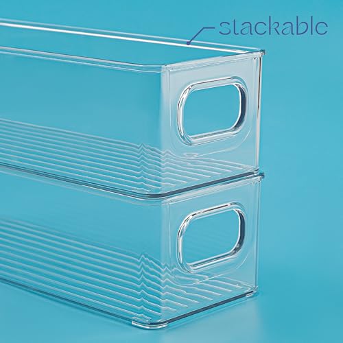 Plastic Food Storage 4 Pack Clear Container Bin with Handles for Organizing Kitchen, Pantry, Fridge, Freezer, Pantry,Bathroom. 10"x4"3" - size: 10x4x3