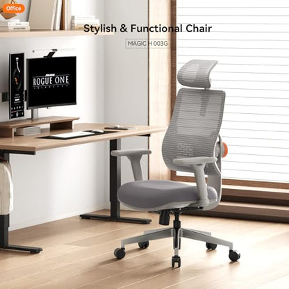 Ergonomic High-Back Office Chair, Home Office Desk Chair with Auto-Following Lumbar Support, Adjustable Headrest, 3D Armrest, Seat Depth & Heigh Adjustable, 96°-126° Recline - color: Grey