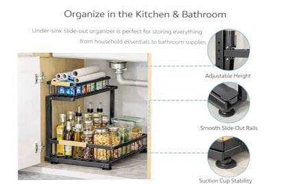 Lumela Under Sink Organizer, 2-Tier Slide-Out Cabinet Organizer Shelf, Height Adjustable Metal Pull-Out Storage Rack with Wood Handle for Kitchen & Bathroom Cabinets (Black)