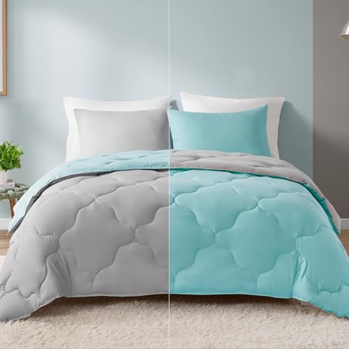 Comfort Spaces Vixie Reversible Comforter Set - Trendy Casual Geometric Quilted Cover, All Season Down Alternative Cozy Bedding, Matching Sham, Aqua/Gray, Full/Queen 3 piece | Down Alternative, All Season, Bedding for Bedroom, Geometric Pattern, Reversibl