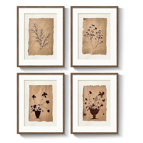 Framed Vintage Botanical Wall Art for Bathroom, Retro Brown Floral Prints Paintings, Neutral Rustic Minimalist Flowers Pictures for Bedroom Dining Room Kitchen Wall Decor, 11x14 Inch-4 Piece - color: Brown and White, size: 11" W x 14" H x 4 pcs